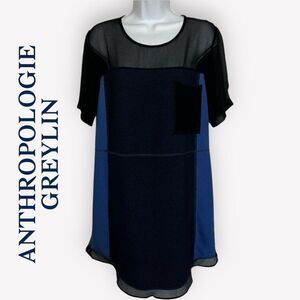 ANTHROPOLOGIE GREYLIN Blue and Black Mesh Panel Shift Dress EUC Size Small